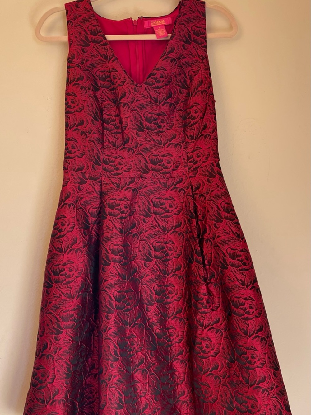Catherine Malandrino Red and Black Floral Jacquard Midi Dress